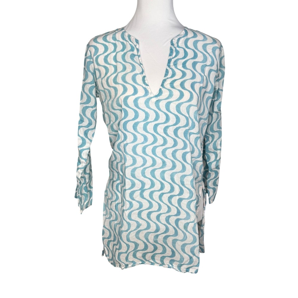 Roberta Roller Rabbit White Blue Wavy Print Cotton Kurta Tunic Top Cover Up Sz S
